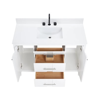 Meuble-lavabo de salle de bains moderne Florence sur pied avec plan en quartz blanc massif -