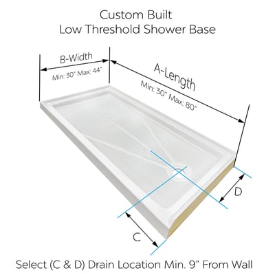 Diagram of Ella custom built low threshold shower base with labeled dimensions for length, width, and drain location
