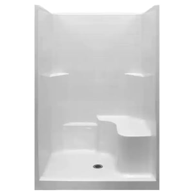 White Ella accessible shower stall with built-in corner shelves, fold-down seat, and center drain on low-threshold base