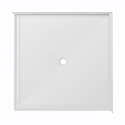 Plato de ducha blanco cuadrado para acceso con silla de ruedas, con desagüe central y bordes biselados para entrada sin barreras