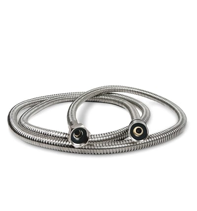 Coiled stainless steel flexible shower hose with brass fittings and rubber washers for walk-in tub or accessible shower