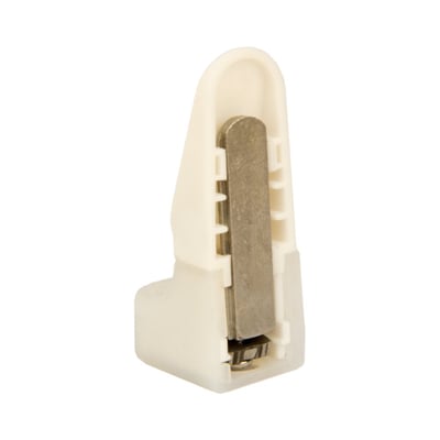 Close-up of a white plastic and stainless steel walk-in tub door latch replacement part on white background