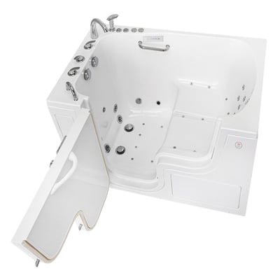 Ella TransferXXL walk-in bathtub with its outward swing door open, showing the low step-in threshold, built-in seat, and dual massage jets