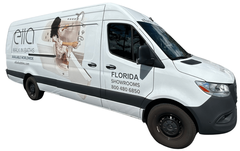 Ella's Bubbles branded service van wrap featuring walk-in tub graphic and Florida showroom contact details