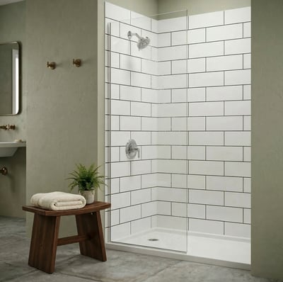 Kit de paredes de ducha de acrílico de 3 piezas con diseño de azulejo tipo metro Ella con grifería Moen, plato de ducha blanco de umbral bajo en un baño moderno