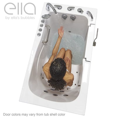 Overhead view of woman bathing in Ella Monaco walk-in tub with hydro jets and chrome grab bars visible
