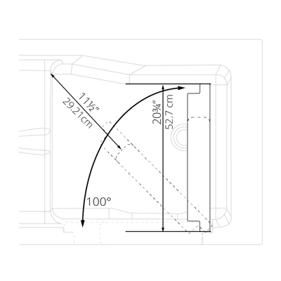 Technical diagram showing walk-in tub door swing dimensions: 100-degree arc, 20 3/4 inch width, and 11 1/2 inch depth