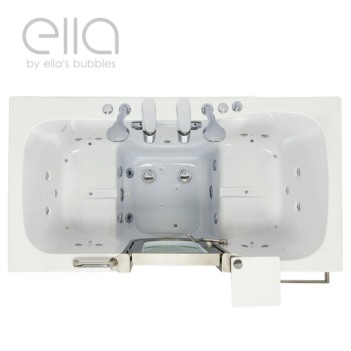 Overhead view of the Ella Companion walk-in tub interior showing the two facing seats, hydro jets and dual drains