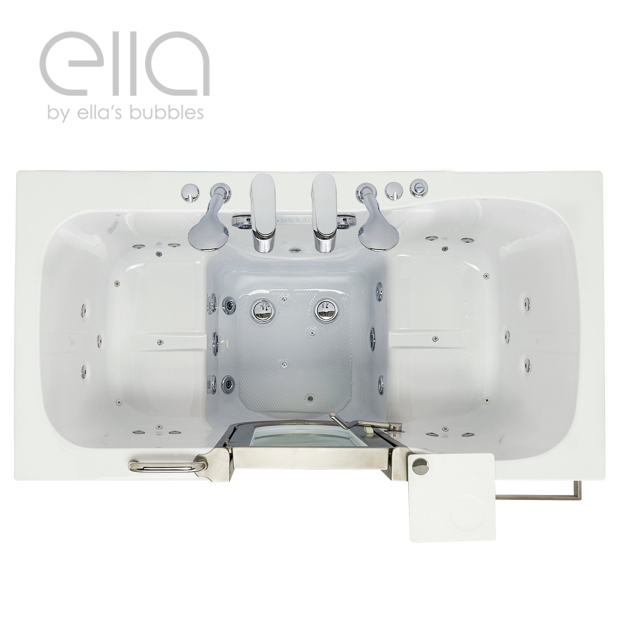 Overhead view of the Ella Companion walk-in tub interior showing the two facing seats, hydro jets and dual drains