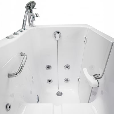 Interior view of Ella 30x60 walk-in tub showing hydro jets, chrome grab bars, handheld showerhead, and chain drain plug