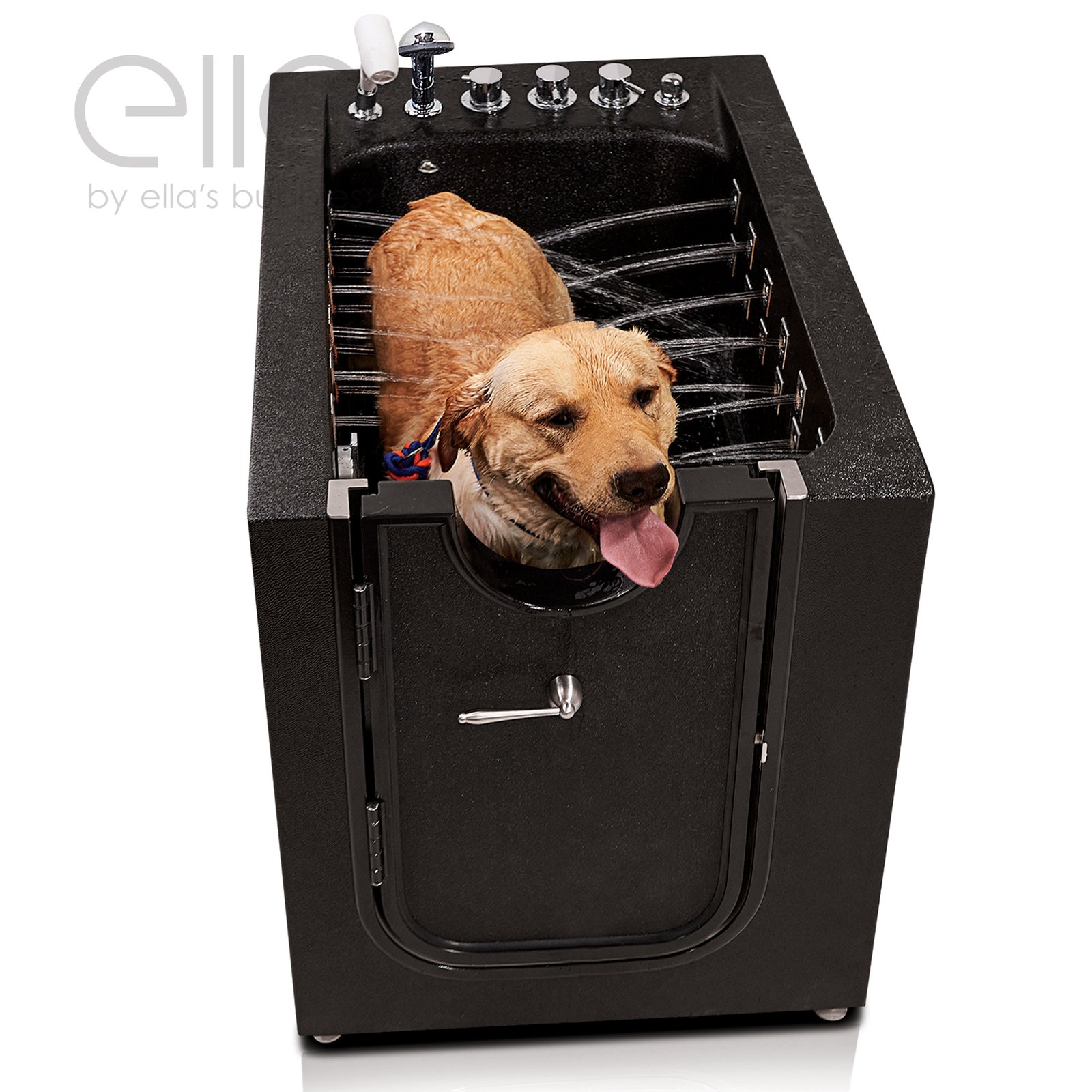 Happy golden retriever being bathed inside the Ella pet spa walk-in tub with multi-jet water sprayers and side entry door