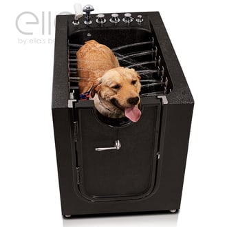 Happy golden retriever being bathed inside the Ella pet spa walk-in tub with multi-jet water sprayers and side entry door