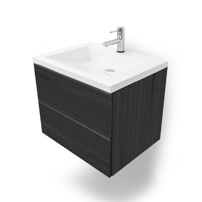 Meuble-lavabo de salle de bain mural Ella Ebony avec lavabo blanc, robinet chromé et meuble à deux tiroirs en grain de bois foncé