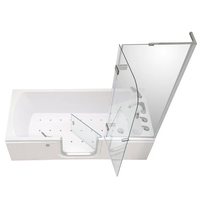Baignoire à porte allongée Ella 32x72 pouces avec porte à ouverture vers l’intérieur ouverte et paroi de douche pliante en verre, vue de dessus