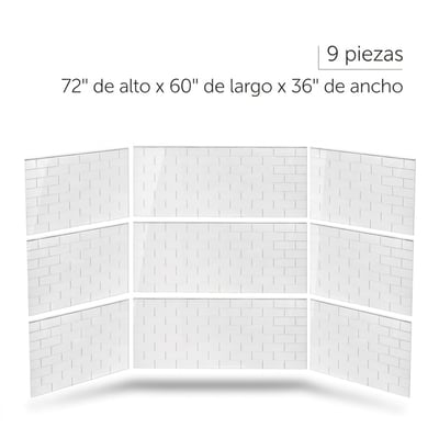 Kit de paneles de pared de ducha de azulejos tipo metro blancos de 9 piezas que mide 72 pulgadas de alto por 60 pulgadas de largo por 36 pulgadas de ancho