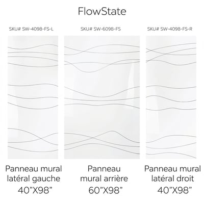 Ensemble de panneaux de paroi de douche acrylique QuadQuilt montrant les configurations des panneaux gauche, arrière et droit avec motif carrelage