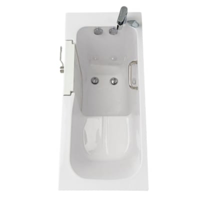 Vista superior de la bañera con puerta Ella lounger con puerta de apertura hacia fuera, asiento integrado, barra de apoyo y grifo cromado