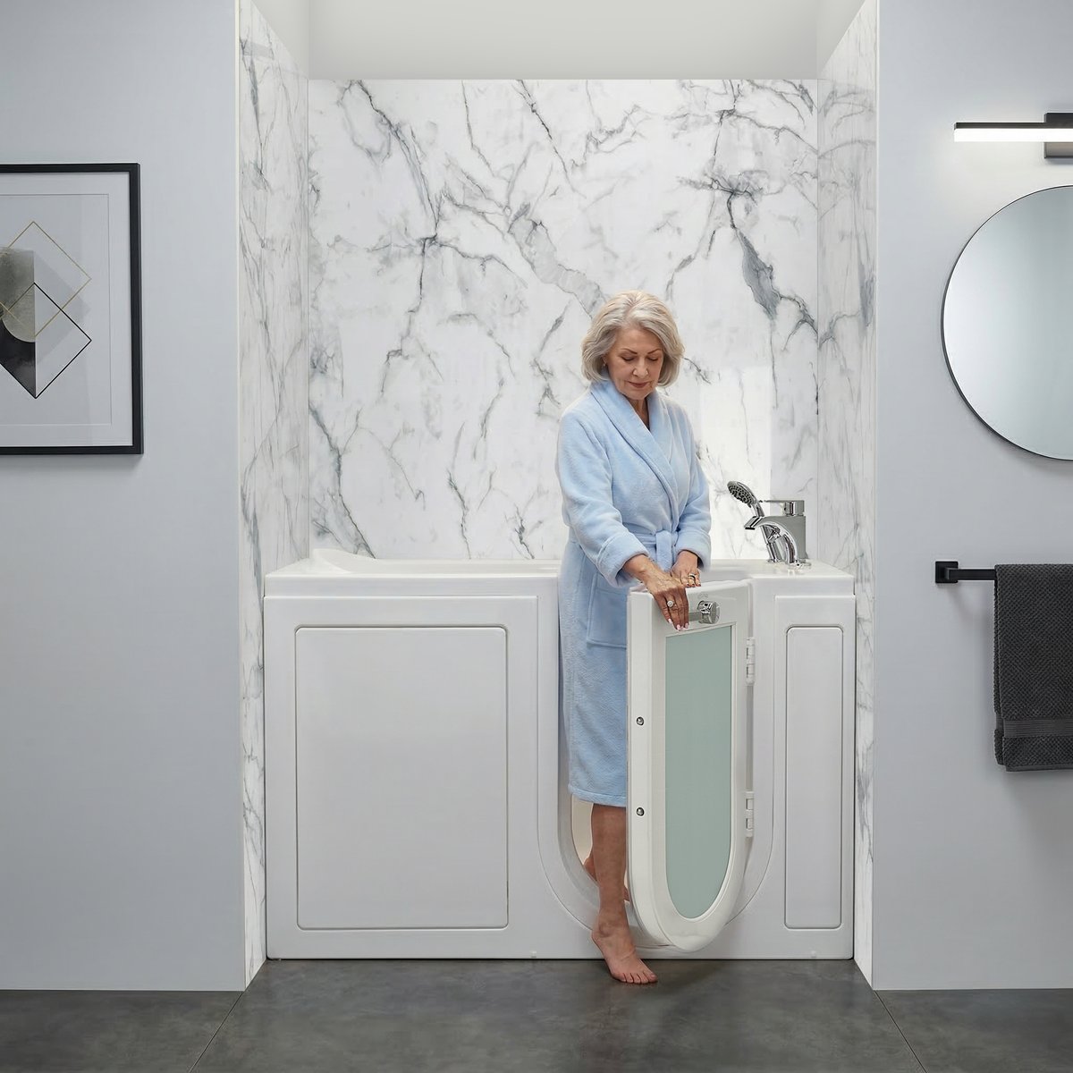 Senior woman stepping over the low threshold of an Ella Lounger walk-in tub through the open outward-swing door