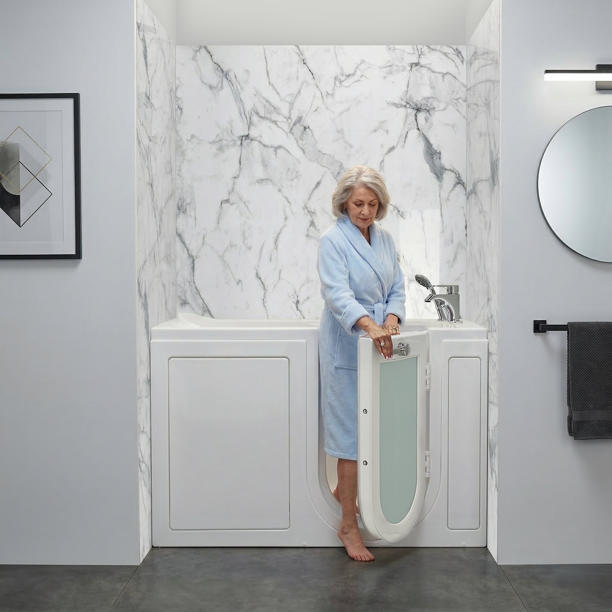 Senior woman stepping over the low threshold of an Ella Lounger walk-in tub through the open outward-swing door