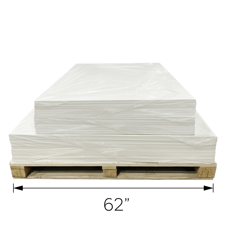 Ella's Bubbles acrylic shower wall kit panels wrapped in plastic on a 62-inch wide wooden shipping pallet