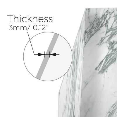 Close-up diagram showing 3mm thick Verde Alpi marble-look shower wall panel with magnified cross-section detail