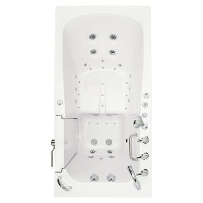 Vista superior de la bañera con puerta Ella Big4One con puerta de apertura exterior mostrando hidromasaje, burbujas, suelo antideslizante y barras de apoyo cromadas