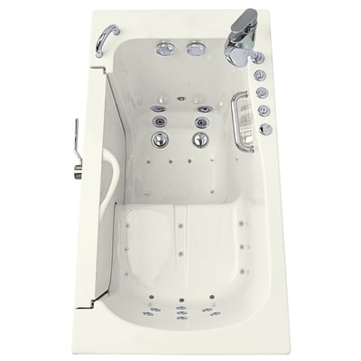 Overhead view of Ella Transfer30 ADA accessible walk-in tub with hydro jets, grab bars, and chrome faucet set