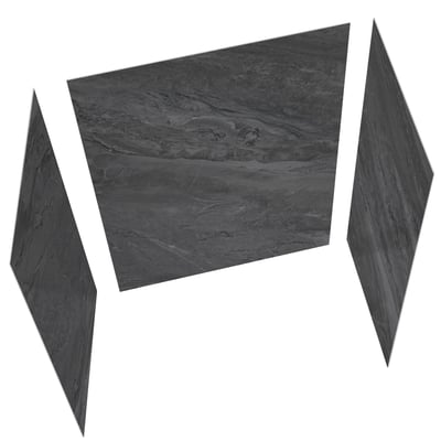 Three-panel dark gray Bardiglio marble acrylic shower wall surround set showing back and side panels isolated on white