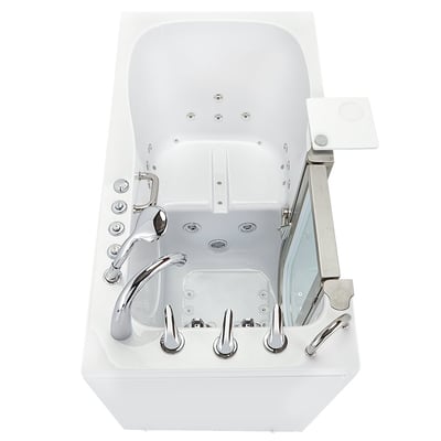 Vue de dessus de l’intérieur de la baignoire à porte Ella Deluxe 30 × 55 montrant les jets hydro, l’ensemble de robinetterie chromé, la barre d’appui et la porte s’ouvrant vers l’intérieur avec plateau