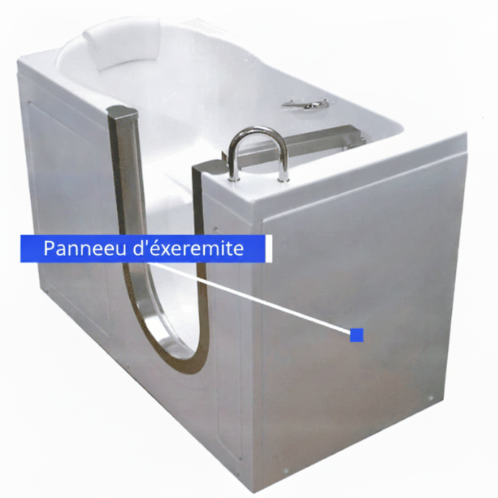 Schéma d’une baignoire à porte Ella avec panneau d’extrémité étiqueté, montrant le cadre de porte en acier inoxydable et la barre d’appui
