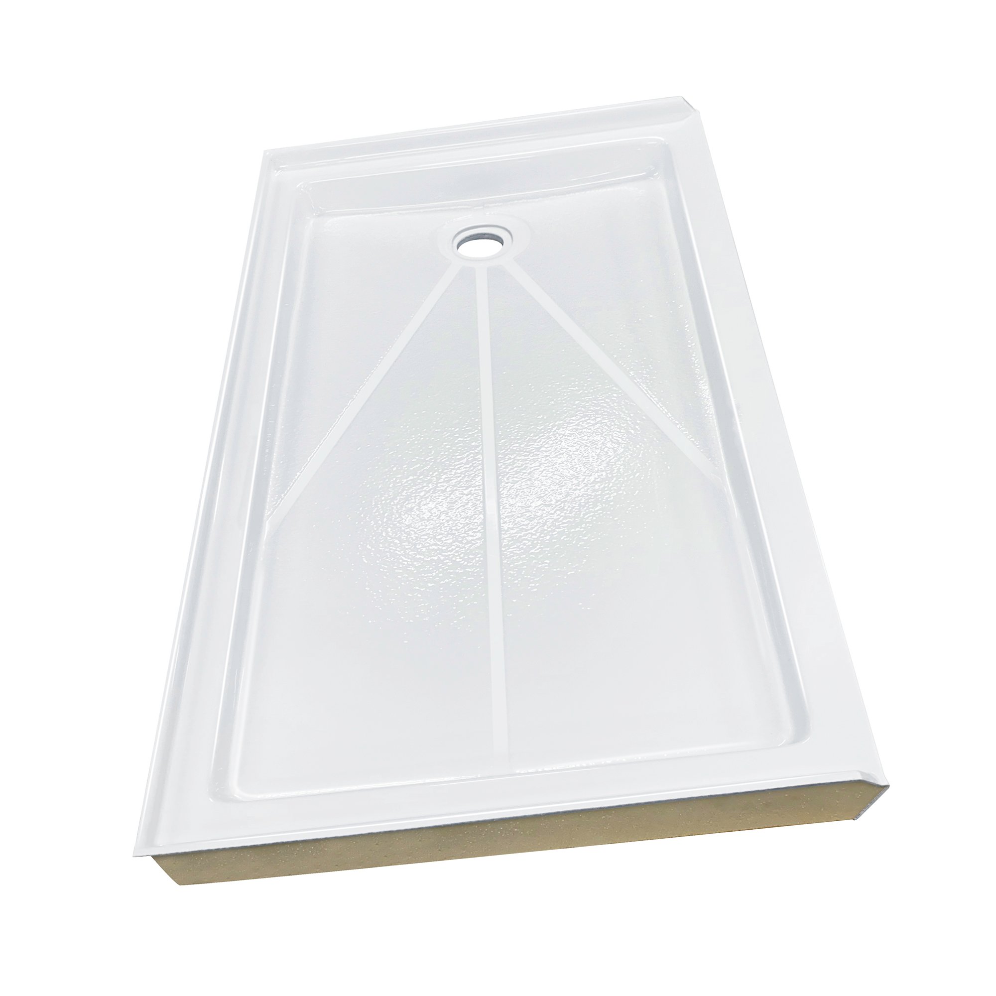 White acrylic custom-size shower base with textured anti-slip surface, center drain, and raised threshold edge