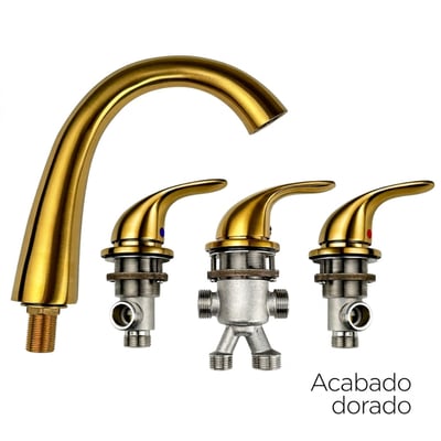 Conjunto de grifo de llenado rápido para bañera con puerta en acabado dorado con caño curvo y tres palancas que muestran los componentes de la válvula