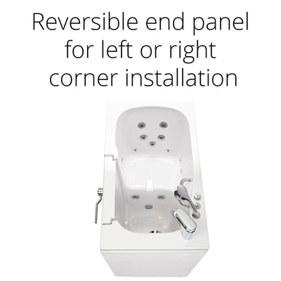 Top-down view of Ella Mobile walk-in tub with open outward swing door showing hydro jets and reversible end panel