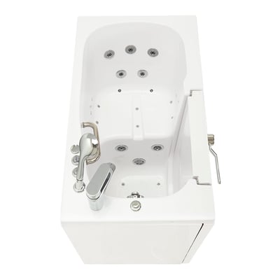 Overhead view of Ella Mobile walk-in tub with dual hydro and air jets, anti-slip floor, chrome faucet, and outward swing door
