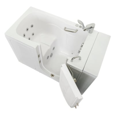 Ella Capri acrylic walk-in bathtub with outward swing door open, hydrotherapy jets, grab bar, and chrome faucet fixtures