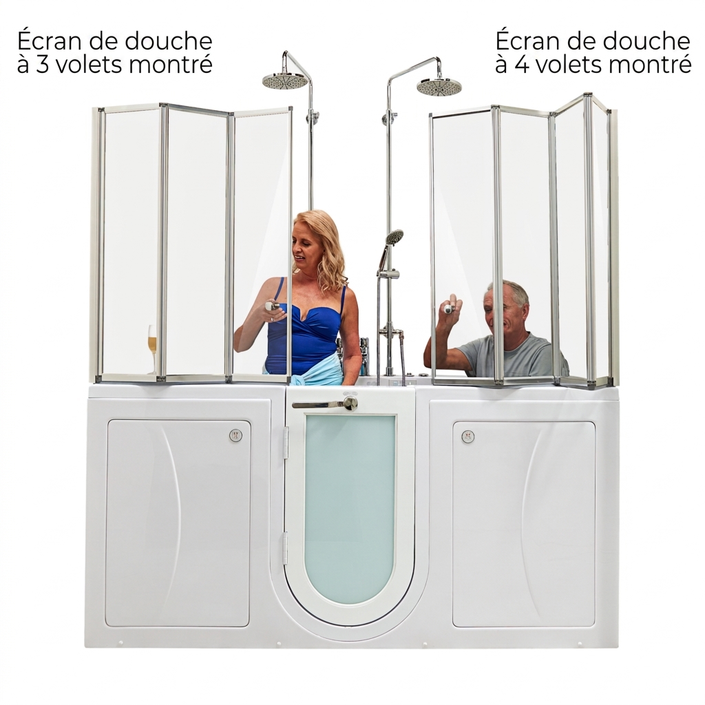 Ella 4-fold and 3-fold tempered glass shower screens fitted on a two-person walk-in tub