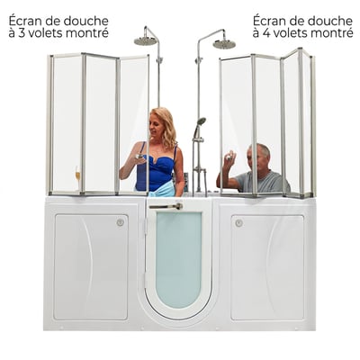 Couple utilisant une baignoire à porte deux places, comparant des pare-douches en verre trempé à 3 et 4 volets avec des douches pluie