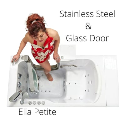 Woman in red swimsuit stepping into the Ella Petite walk-in tub featuring a stainless steel and glass door with jets visible