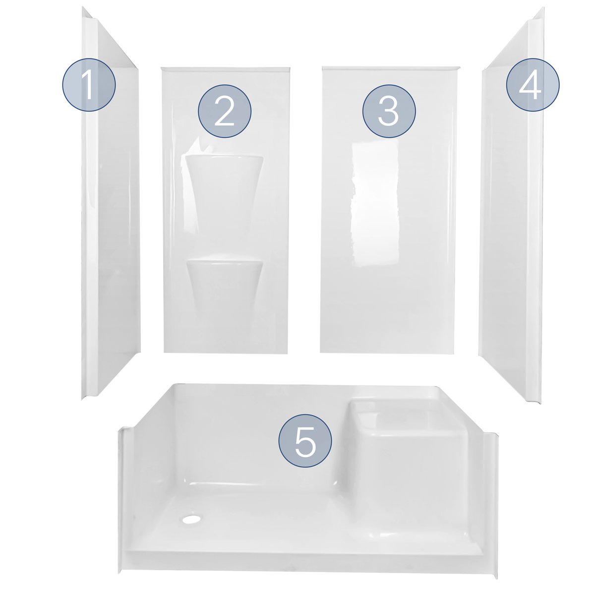 Diagrama numerado de un kit de ducha Ella de cinco piezas que muestra cuatro paneles de pared y la base con asiento