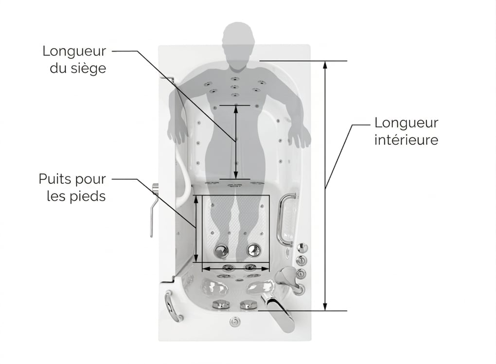 Schéma en vue de dessus de l'intérieur d'une baignoire à porte Ella, montrant la longueur du siège, l'espace pour les pieds et les mesures de longueur intérieure, avec une silhouette humaine