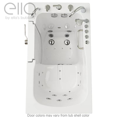 Top-down view of the Ella Monaco 32x52 walk-in tub showing hydro jets, anti-slip floor, grab bars, and outward swing door