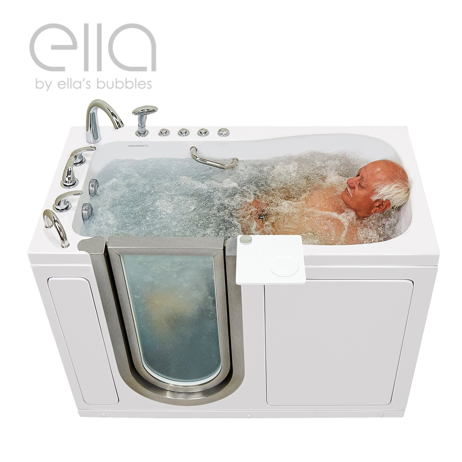 Senior man smiling with eyes closed relaxing in the Ella Deluxe 30x55 walk-in tub with dual hydro massage jets and bubbles