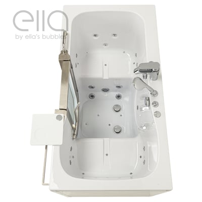 Overhead view of Ella Companion walk-in tub showing hydro jets, anti-slip mat, open door, and chrome faucet set