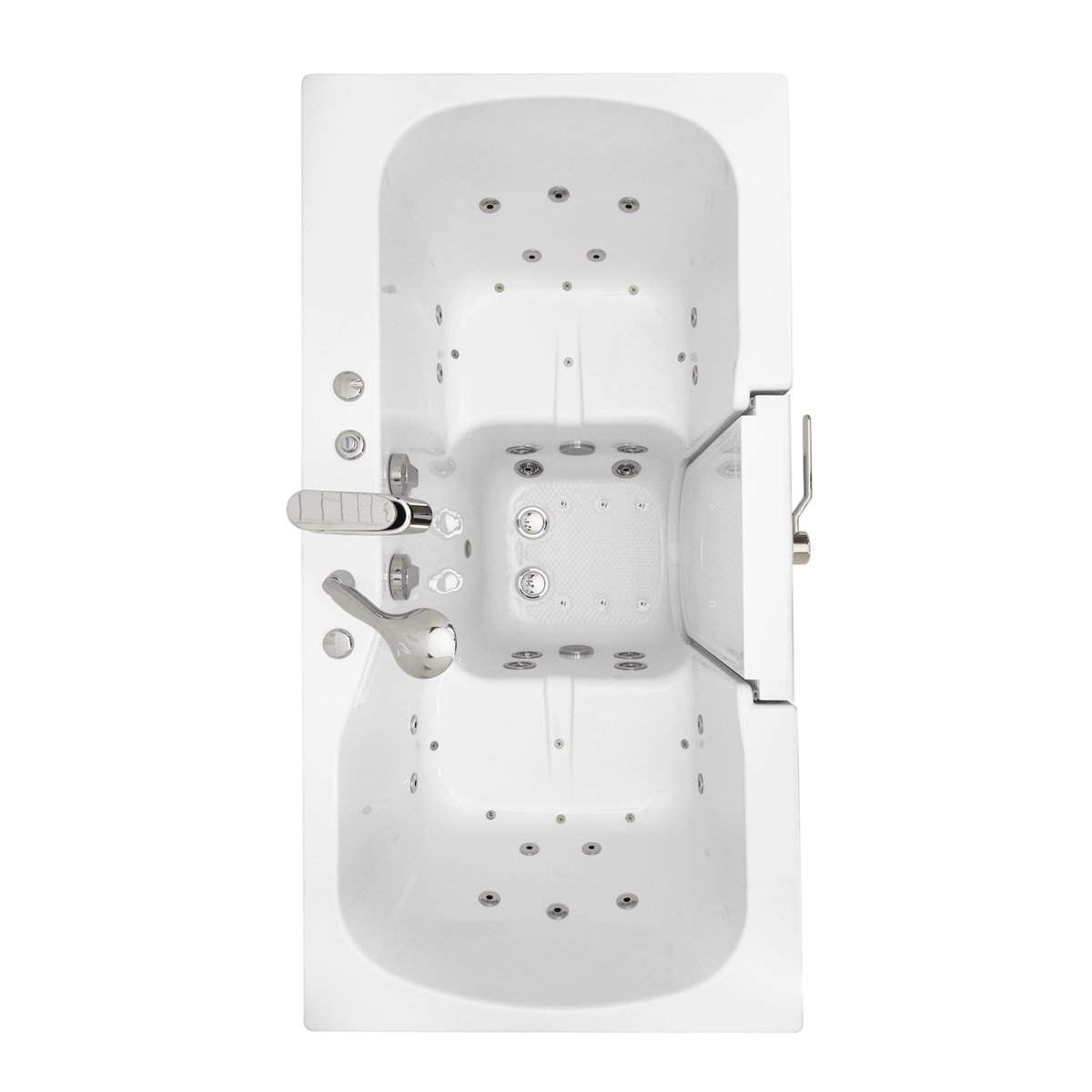 Vista superior de la bañera con puerta Ella Tub4Two en la que se aprecian los dos asientos, los chorros de aire e hidromasaje, los chorros de masaje de pies en el reposapiés compartido y la puerta con apertura hacia fuera