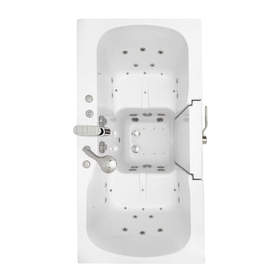 Overhead view of Ella Tub4Two walk-in bathtub showing dual seats, air and hydro jets, foot massage jets, and outward swing door