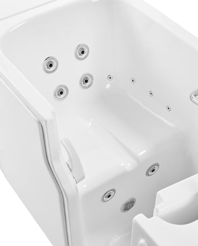 Interior view of Ella Standard Acrylic Hydro walk-in tub showing hydro jets, built-in seat, and chrome grab bar