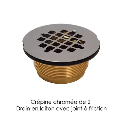 Drain en laiton avec crépine chromée de 2 po et joint d’étanchéité pour installation de baignoire à porte ou de douche accessible