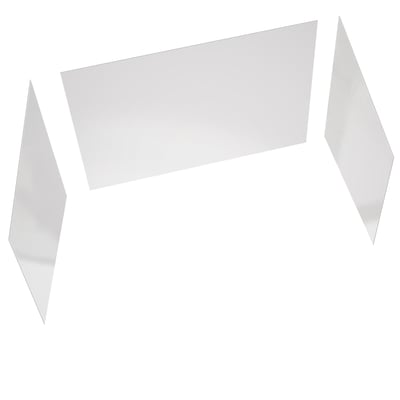 Three-panel white glossy wall surround kit for a walk-in tub, shown in an angled overhead view