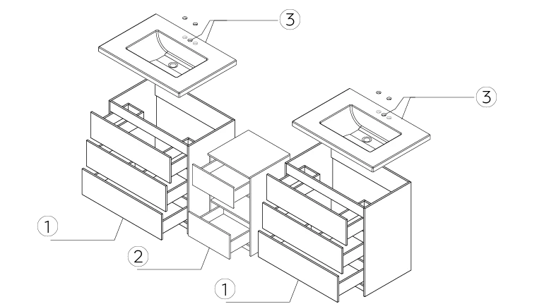 Combinación de lavabo moderno Element de pie de 92" y 102" con encimera de cuarzo -