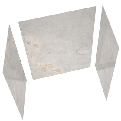 Three-panel acrylic shower wall surround kit in Gilded Stone finish with beige and gray marble-look texture